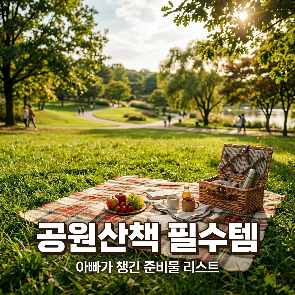 주말 공원 산책 준비물 리스트: 남매 아빠가 챙긴 유아용 돗자리와 보온병 음료 팁
