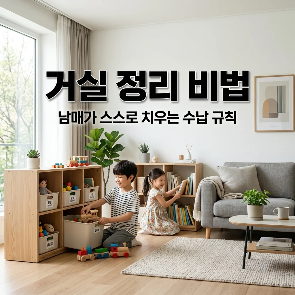 거실 장난감 수납장 정리 규칙, 남매가 스스로 치우는 아빠의 놀이법