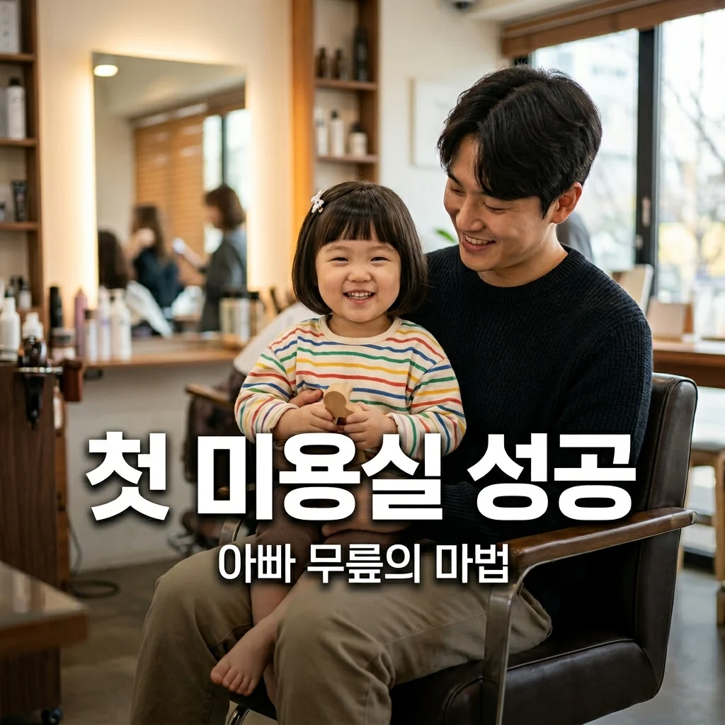 3세 여아 첫 미용실 단발머리 커트, 아빠 무릎 위에서 울지 않고 성공한 비결