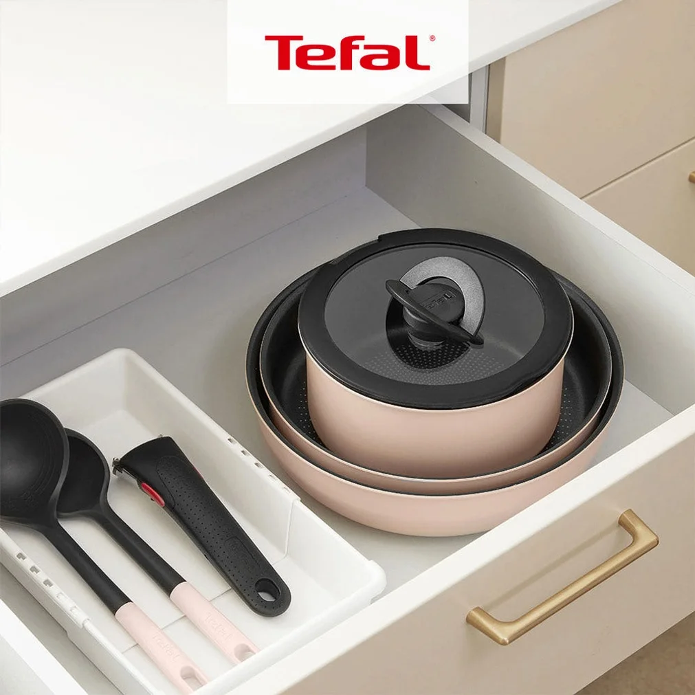 [N단독구성] 테팔 매직핸즈 인덕션 크렘 드 피치 5종, 냄비+프라이팬+볶음팬+유리뚜껑+손잡이, 1세트 상세 이미지 4
