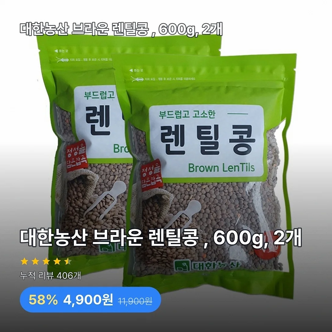 대한농산 브라운 렌틸콩 , 600g, 2개